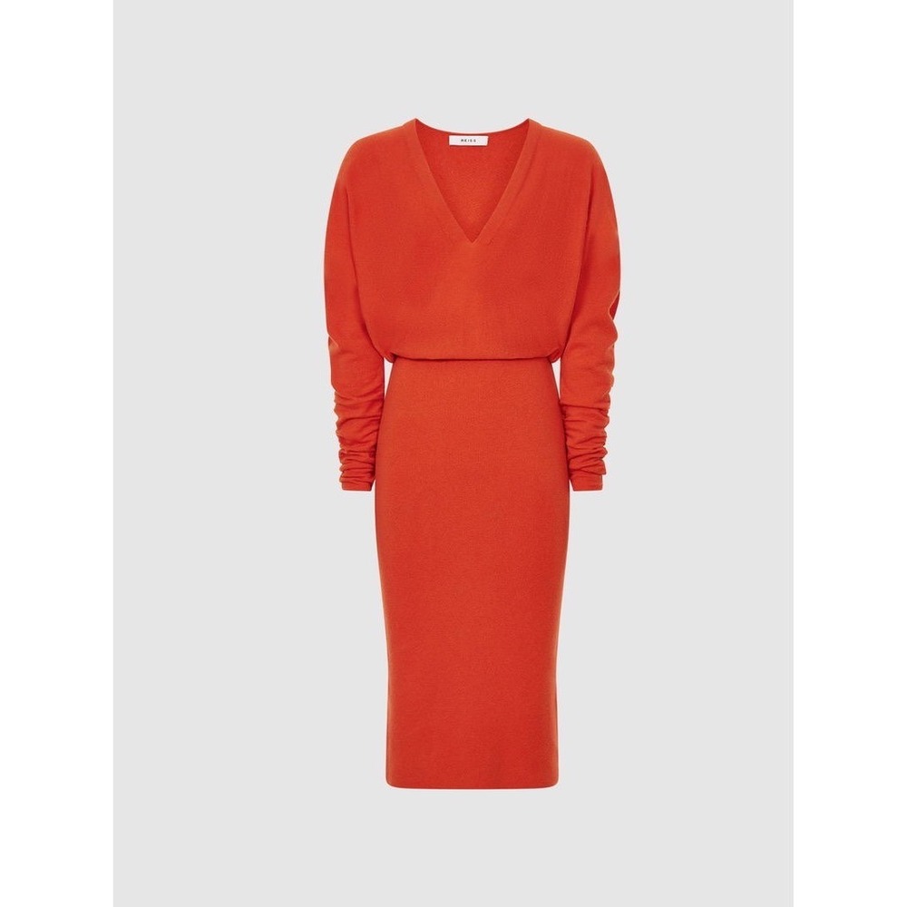 REISS Jenna Cashmere Wool Blend Ruched Sleeve V Neck Midi Dress L Quiet Luxury